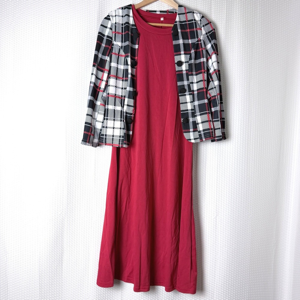 Modest Dress Jacket Set Women Large Red Plaid Workwear Belted Church Office Midi